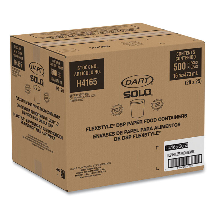 DART SOLO® H4165U Flexstyle Double Poly Paper Containers, 16 oz, White, Paper, 25/Pack, 20 Packs/Carton