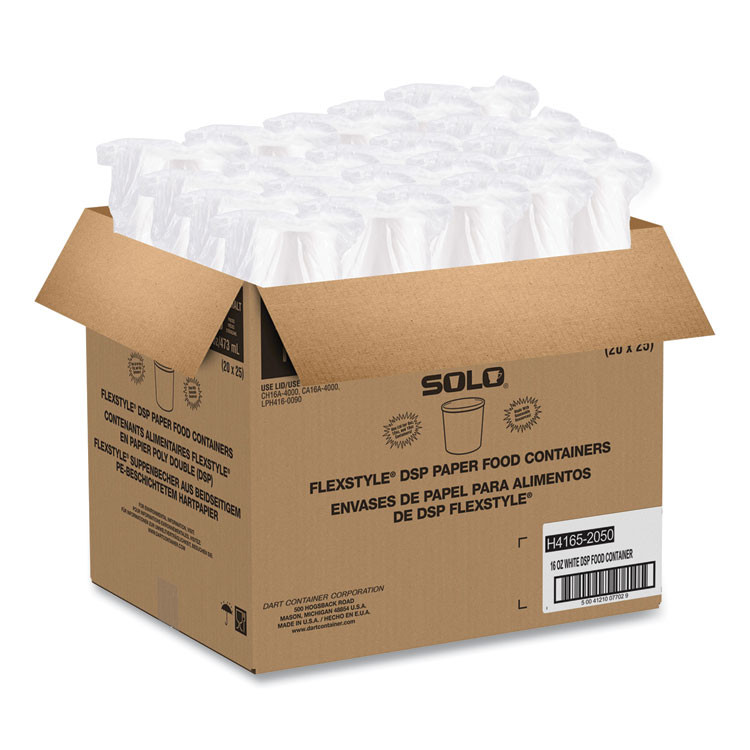 DART SOLO® H4165U Flexstyle Double Poly Paper Containers, 16 oz, White, Paper, 25/Pack, 20 Packs/Carton