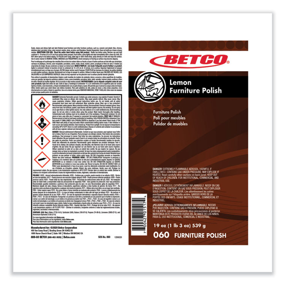 BETCO CORPORATION 602300 Lemon Furniture Polish, Lemon Scent, 19 oz Aerosol Can, 12/Carton