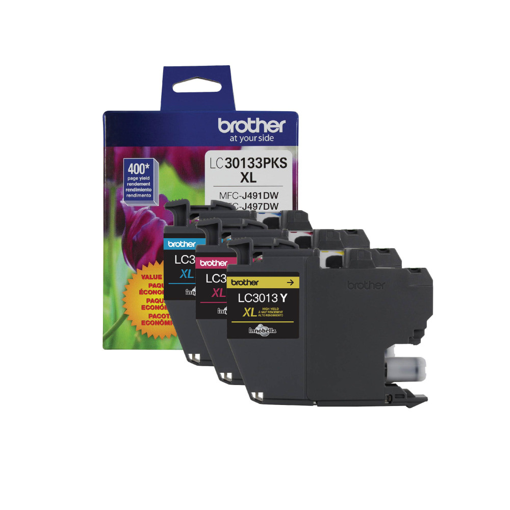 Compatible Brother models: MFC : MFC-J491DW, MFC-J497DW, MFC-J690DW, MFC-J895DW.  .  Brother LC3013 Cyan, Magenta, Yellow Ink Cartridges, Pack Of 3, LC30133PKS  Brother Genuine LC30133PKS 3-Pack High-yield Color Ink Cartridges - includes 1 Cyan, 1 Magenta and 1 Yellow cartridge.  Superior color inkjet print quality you can consistently rely on for up to 400 pages per cartridge*.  Intelligently engineered to work in seamless unison with your Brother inkjet printer.  Brother Genuine ink produces rich, vivid color prints that withstand the test of time.  Save when you purchase Brother Genuine Multi-Packs instead of Individual ink cartridges.  Brother Genuine LC30133PKS is for use with Brother Work Smart Series compact, affordable, inkjet all-in-one printers: MFC-J491DW, MFC-J497DW, MFC-J690DW, MFC-J895DW.  Recycling solution - designed to encourage recycling, helping you divert materials from landfill.