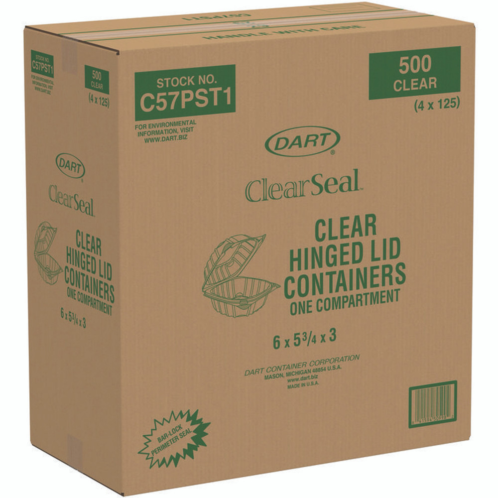 DART C57PST1 ClearSeal Hinged-Lid Plastic Containers, 5.8 x 6 x 3, Clear, Plastic, 125/Pack, 4 Packs/Carton