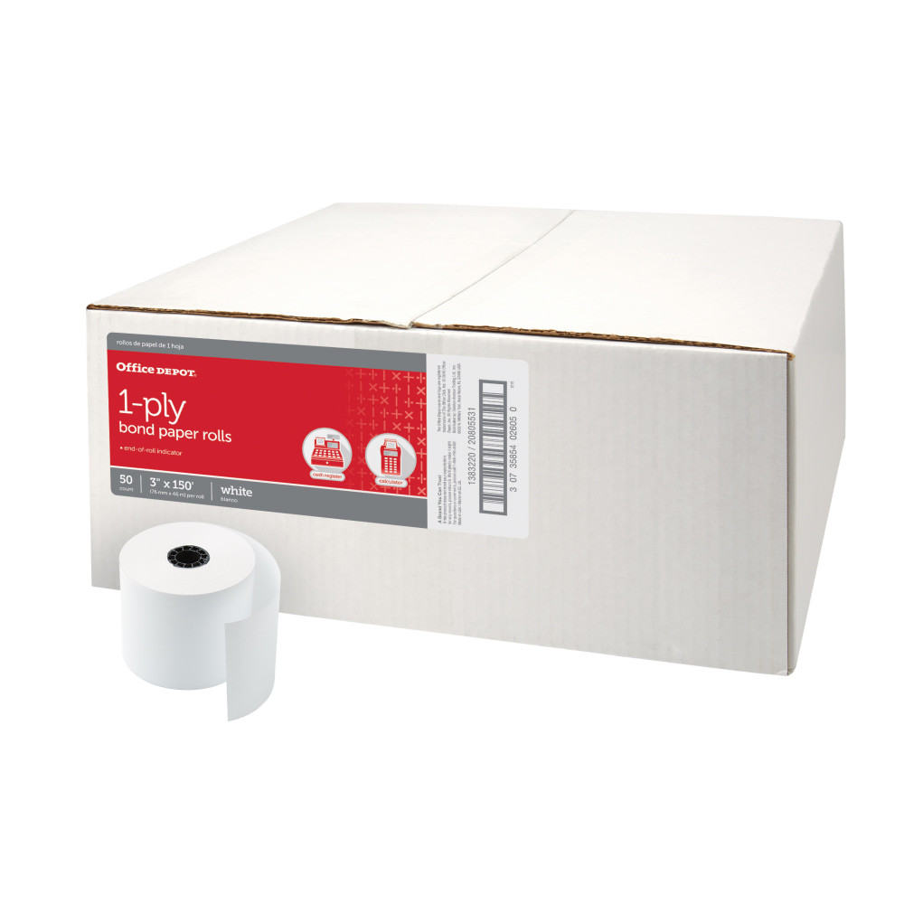 When you are running a busy company, save time by stocking up on Office Depot paper rolls. Spend more time selling products and less time searching for fresh paper rolls to fill your cash register or printing calculator.  Office Depot Brand paper rolls are tightly wound and precisely cut for high-quality output.  Lint-free, bright white paper.  Features an end-of-roll indicator.  Perfect for a wide variety of machines and point-of-sale (POS) systems.  Pack of 50 paper rolls.