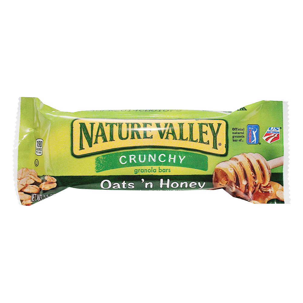 Curb your morning hunger with a pack of Nature Valley granola bars. These flavor-packed snacks are perfect for tossing in your backpack before heading out on a hike or keeping in your desk drawer to fight afternoon cravings.  Made with rolled oats, wheat flakes, almonds and crisp rice nuggets.  Contains no cholesterol or trans fat - a good source of protein.  A natural source of energy for a healthy lifestyle.  Made from pure and natural ingredients.  Granola bars with oats N honey deliver delicious flavor in every bite. Nature Valley uses oats and honey to create a satisfying snack.  Granola bars (1.5 oz) come in a box of 18.