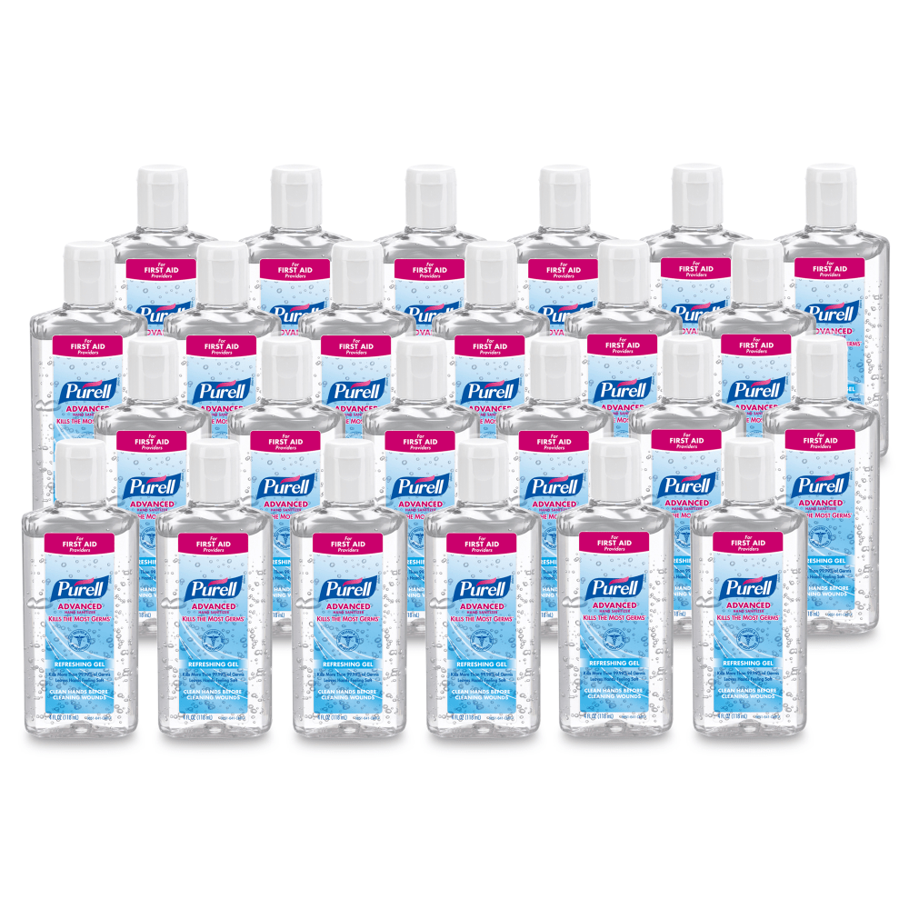 Send a signal you care with PURELL Advanced Hand Sanitizer Refreshing Gel for First Aid Providers. Formulated to meet healthcare hand hygiene protocol, it exceeds FDA healthcare personnel handwash requirements with just 1.1. milliliters of product2. These bottles are ideal for use on the go - throw them in medical supply bags, in scrub pockets, and in lockers; they also work well in patients rooms or in reception areas.  Show patients, staff, and visitors that you care about their well-being with PURELL Advanced Hand Sanitizer Refreshing Gel for First Aid Providers  Kills 99.99 percent of most common germs that may cause illness; exceeds FDA healthcare personnel handwash requirements and clinically proven to kill the most germs*  Mild formulation is designed for frequent use with a blend of four moisturizers; free of triclosan, parabens, phthalates, and preservatives so it doesn"t dry out or irritate skin  Place these 4 oz bottles in reception areas or patient rooms; smaller size means these bottles are also perfect to use on the go  Case Includes:?24 - PURELL Advanced Hand Sanitizer Refreshing Gel for First Aid Providers - 4 fl oz Portable Flip-Cap bottles  Cradle to Cradle Gold certified - reduced environmental impact from an overall lifecycle standpoint. Ranked in five tiers: Basic, Bronze, Silver, Gold, and Platinum.  Less harsh chemicals - made with fewer harsh chemicals, or safer chemicals than typical alternatives, helping  reduce your use of and exposure to substances that may be more harmful to your health and the environment.