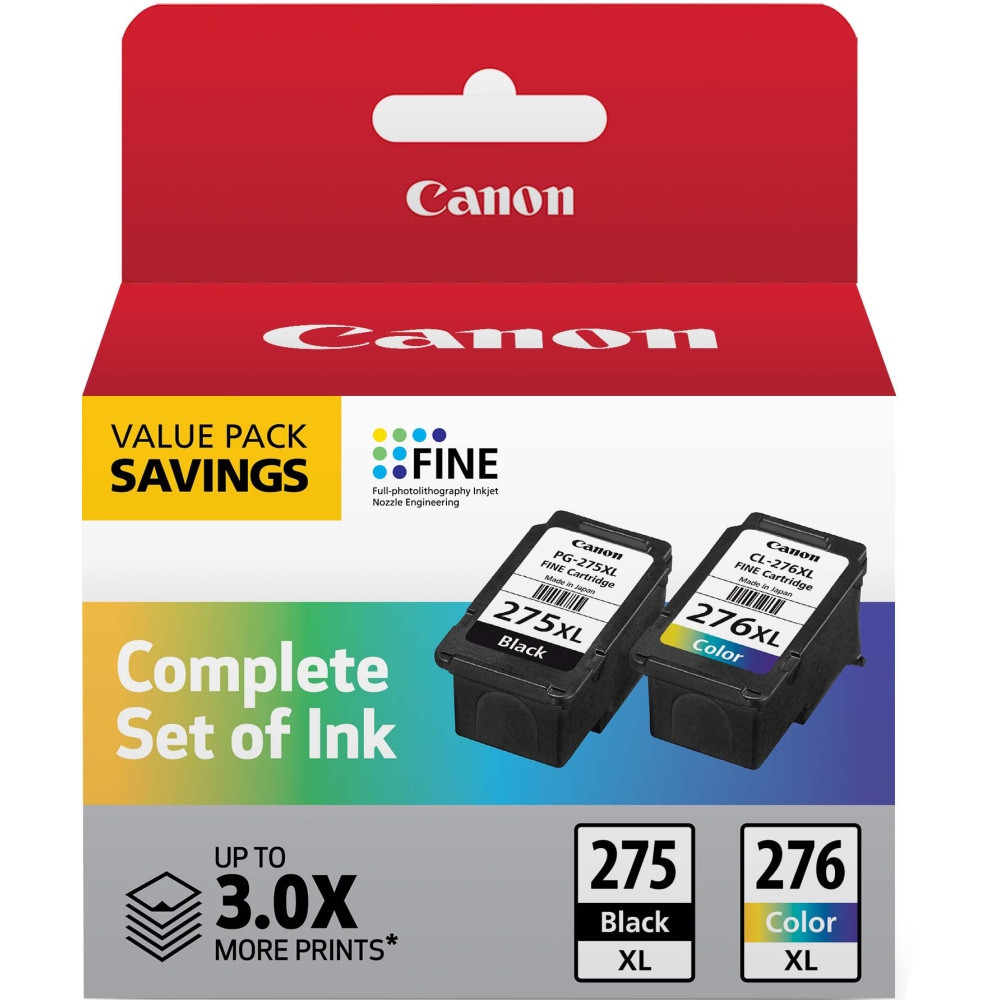 Create dynamic images, documents, brochures and more with the Canon PG-275 XL/CL-276 XL High-Yield Ink Cartridge Value Pack. High-yield inks help to reduce time spent replacing cartridges.  Produces high-quality photos and documents.  Genuine Canon inks provide peak performance.  Compatible with select PIXMA printers (sold separately).  Helps Avoid Waste - Designed for extended use, helping reduce or eliminate material use and potentially save money.  Recycling solution - designed to encourage recycling, helping you divert materials from landfill.