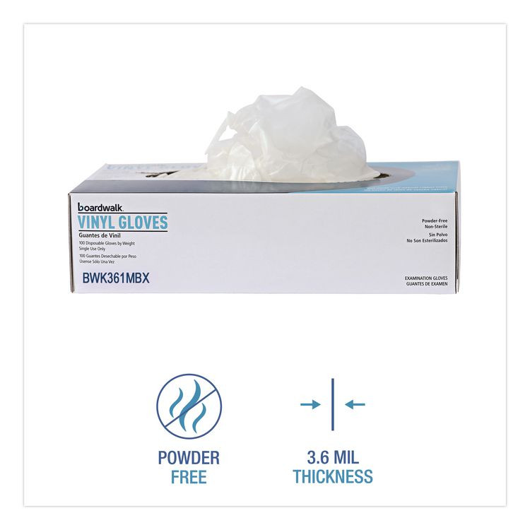 BOARDWALK 361MBX Exam Vinyl Gloves, Powder-Free, Medium, 3.6 mil Thick, 9.5" Long, Clear, 100/Box