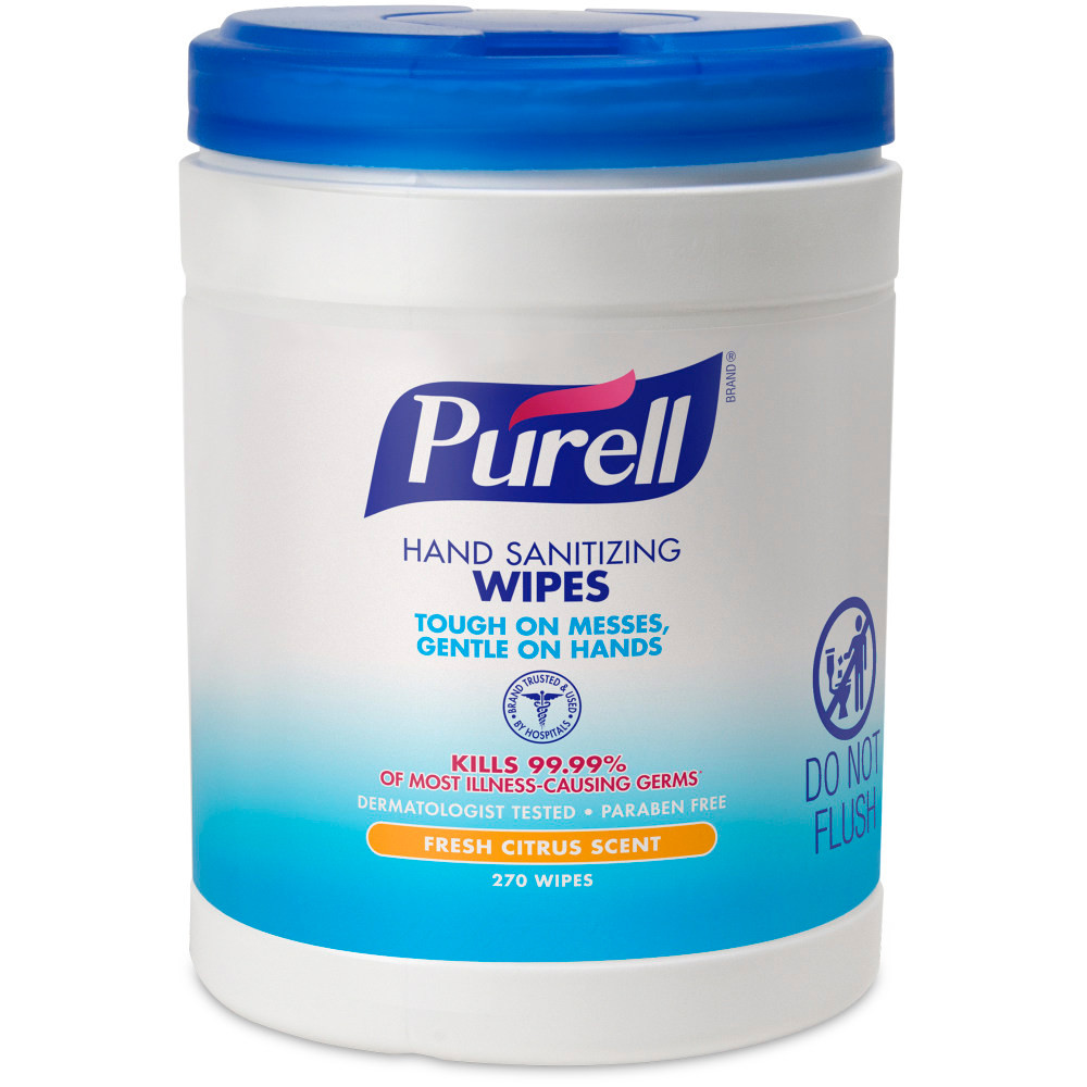 DonT just clean; sanitize. Use these convenient wipes for an easy way to keep hands clean. A must-have for outdoor activities or where messy, finger foods are being enjoyed, these Purell sanitizing wipes kill 99.99% of the most common germs that may cause illness.  Contains 62% ethyl alcohol, the same active ingredient as Purell hand sanitizer.  A great supplement to routine hand washing - helps reduce the risk of infections.  Leaves hands feeling refreshed without a sticky residue.  Hypoallergenic and dermatologist tested.  Nontoxic and dye-free for a natural clean.  Wipes come in a canister of 270.