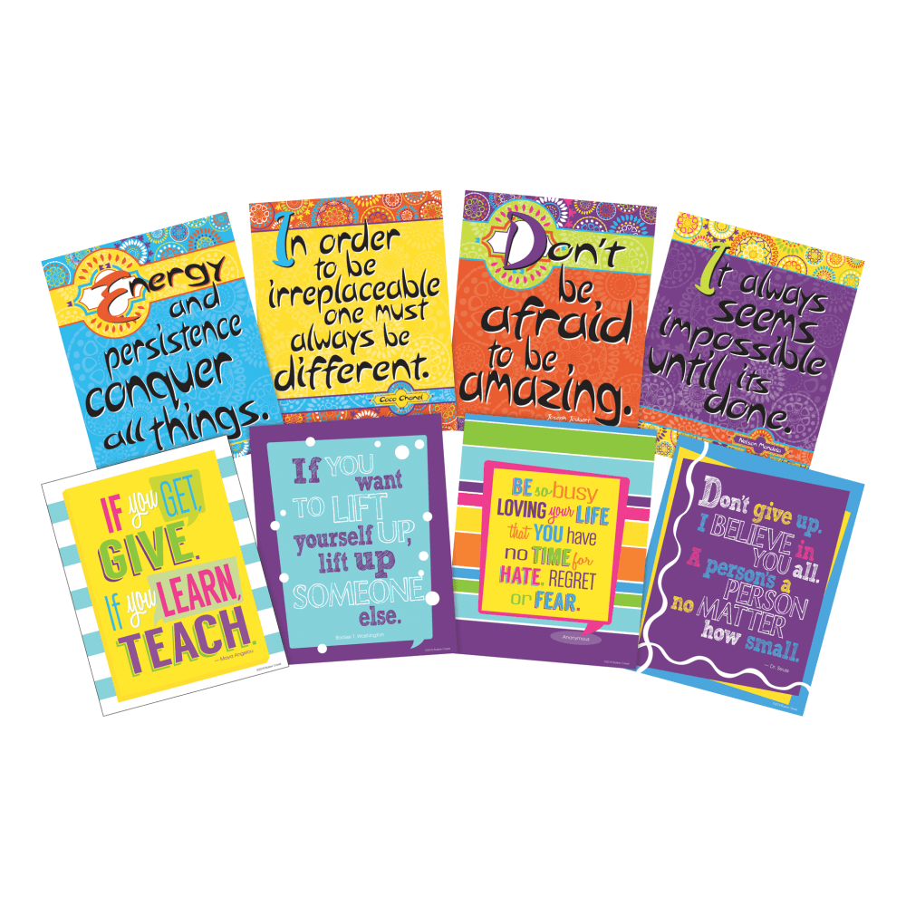 Creating a positive environment for learning can help motivate students to push past their boundaries. These colorful art prints provide kids with an inspiring quote that can spark their imaginations.  Eye-catching art prints contain motivational quotes that help inspire and stir the imaginations of your students.  Colorful art prints are suitable for framing. Frame not included.  Each piece measures 8in x 10in.  Art prints are great for the classroom, workplace or home.  Happy and Moroccan themes are bright and easy to spot.