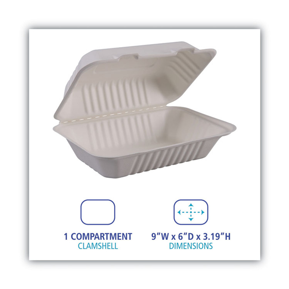 BOARDWALK HINGEWFHG1C9 Bagasse Food Containers, Hinged-Lid, 1-Compartment 9 x 6 x 3.19, White, Sugarcane, 125/Sleeve, 2 Sleeves/Carton