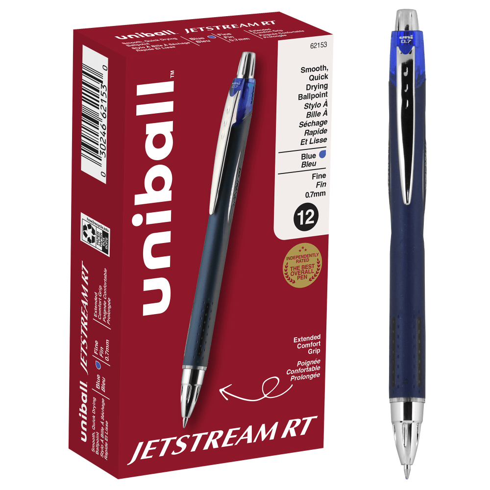 NEWELL BRANDS INC. 62153 uni-ball Jetstream RT Retractable Ballpoint Pens, Fine Point, 0.7 mm, Blue Barrel, Blue Ink, Pack Of 12