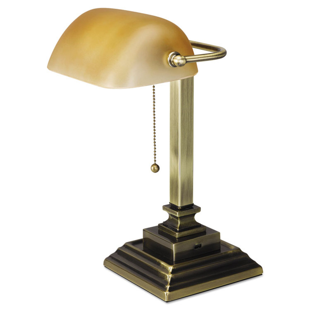ALERA LMP517AB Traditional Banker's Lamp with USB, 10w x 10d x 15h, Antique Brass