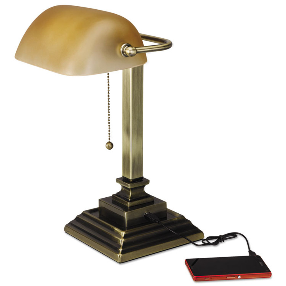 ALERA LMP517AB Traditional Banker's Lamp with USB, 10w x 10d x 15h, Antique Brass