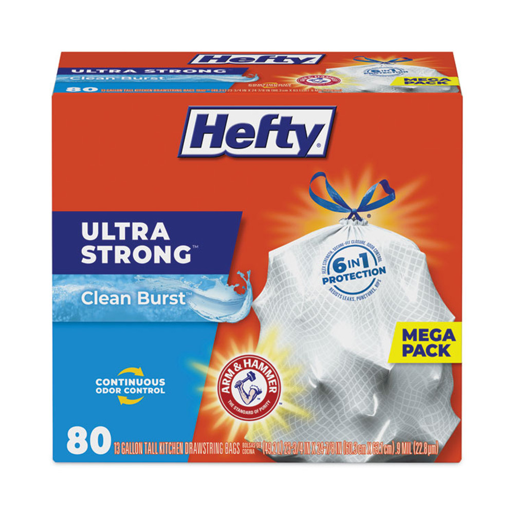 REYNOLDS FOOD PACKAGING Hefty® E88356CT Ultra Strong Scented Tall Kitchen Bags, Drawstring, 13 gal, Clean Burst, 24.75" x 24.88", White, 80 Bags/Box, 3 Boxes/Carton