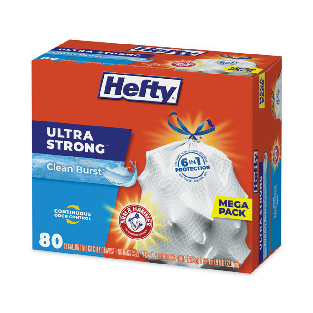 REYNOLDS FOOD PACKAGING Hefty® E88356CT Ultra Strong Scented Tall Kitchen Bags, Drawstring, 13 gal, Clean Burst, 24.75" x 24.88", White, 80 Bags/Box, 3 Boxes/Carton