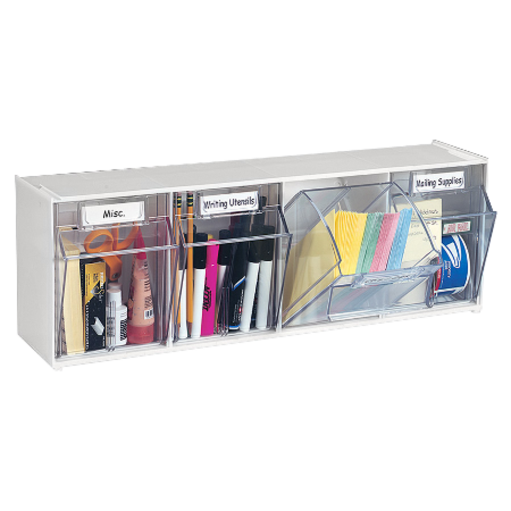 DEFLECT-O CORPORATION 20403OP Deflecto Interlocking Horizontal Tilt Bin, 4 Bins, Small Size, 3 3/10in x 23 5/8in x 3 5/8in, White/Clear