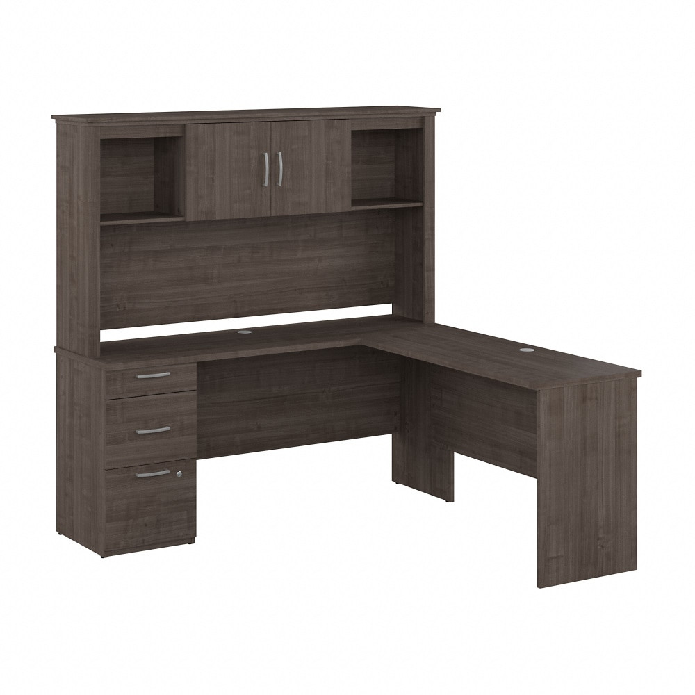 BESTAR INC. 146853-000141 Bestar Logan 67inW L-Shaped Corner Desk With Hutch, Medium Gray Maple