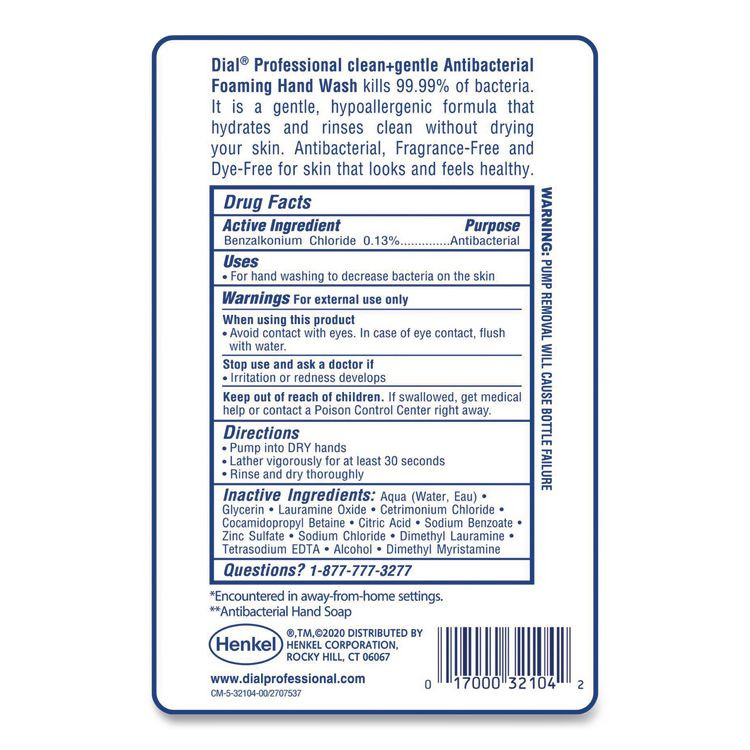 DIAL PROFESSIONAL 32106CT Clean+Gentle Antibacterial Foaming Hand Wash Refill for FIT Touch Free Dispenser, Fragrance-Free, 1 L, 3/Carton