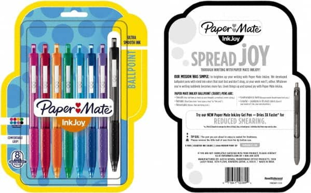 Paper Mate 1945921 Retractable Ball Point Pen: 1 mm Tip, Black, Blue, Green, Orange, Pink, Purple, Red & Turquoise Ink