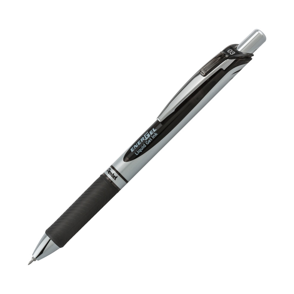 PENTEL OF AMERICA, LTD. BLN73AUOM EnerGel RTX Retractable Liquid Gel Pens, Needle Point, 0.3 mm, Black/Silver Barrel, Black Ink, Pack Of 12