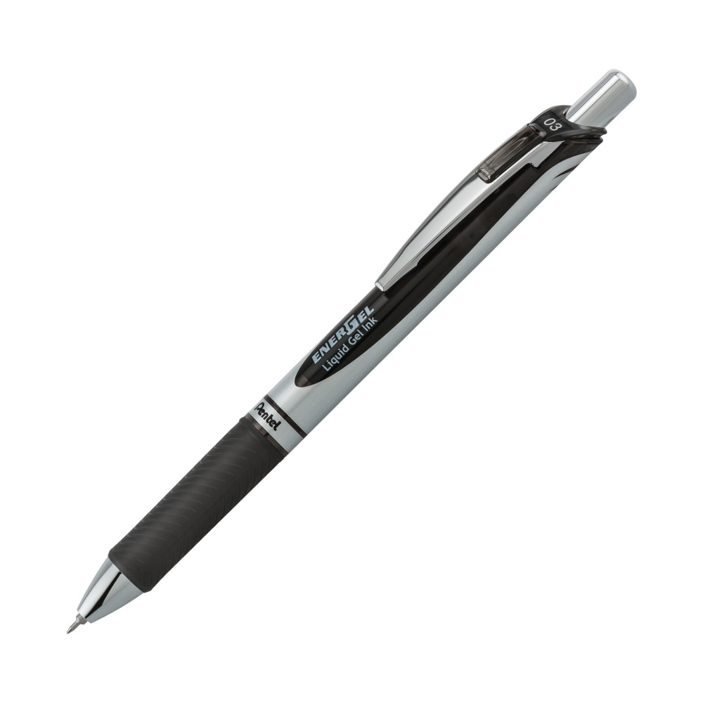 PENTEL OF AMERICA, LTD. Pentel BLN73AUOM EnerGel RTX Retractable Liquid Gel Pens, Needle Point, 0.3 mm, Black/Silver Barrel, Black Ink, Pack Of 12