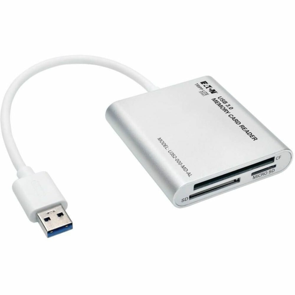 High-speed performance. Equipped with USB 3.0 technology, this memory card reader provides data transfer speeds of up to 5 Gbps, significantly reducing wait times when moving files.  Versatile compatibility. This card reader supports an array of flash memory formats, including CompactFlash Card type I and II, SD memory card, and microSD, ensuring compatibility with numerous devices.  Durable build. The aluminum enclosure enhances the aesthetic appeal of the card reader while providing the durability required for frequent handling and transport.  Integrated design. Featuring an integrated USB cable, this device offers added convenience, reducing the need for extra cables and making it easy to connect on-the-go.