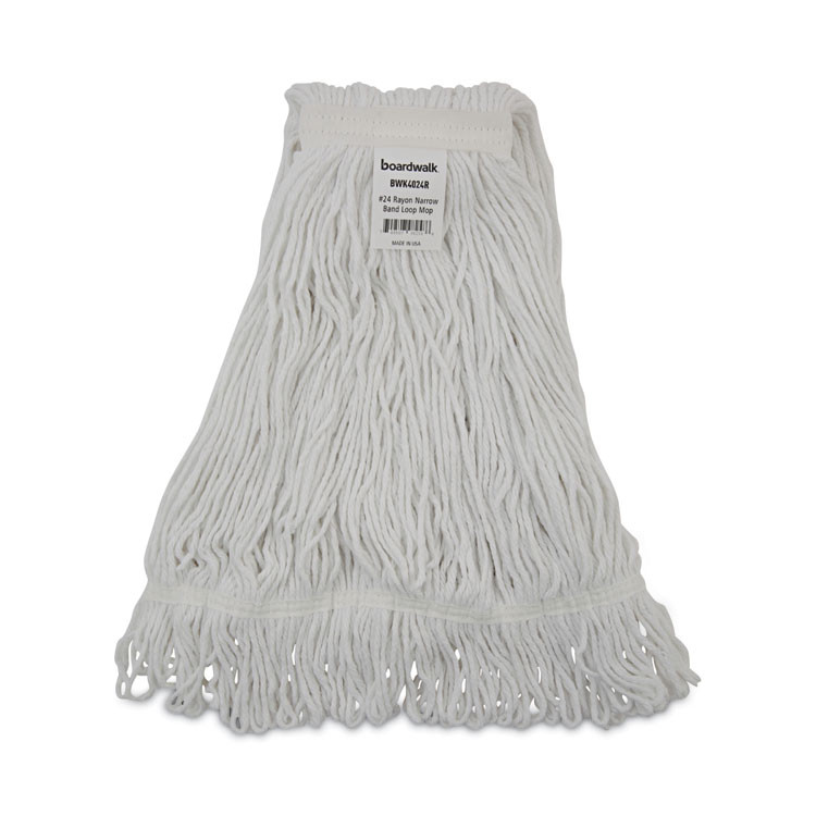 BOARDWALK 4024RCT Pro Loop Web/Tailband Wet Mop Head, Rayon, #24 Size, White, 12/Carton