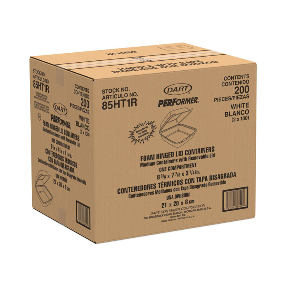 DART 85HT1R Foam Hinged Lid Containers, 8.38 x 7.78 x 3.25, White, 200/Carton