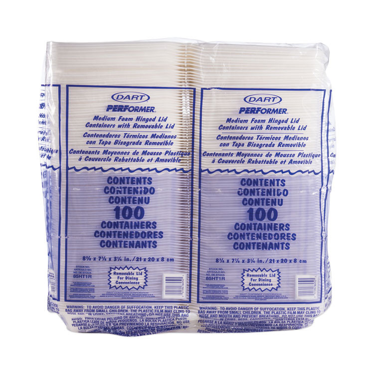 DART 85HT1R Foam Hinged Lid Containers, 8.38 x 7.78 x 3.25, White, 200/Carton