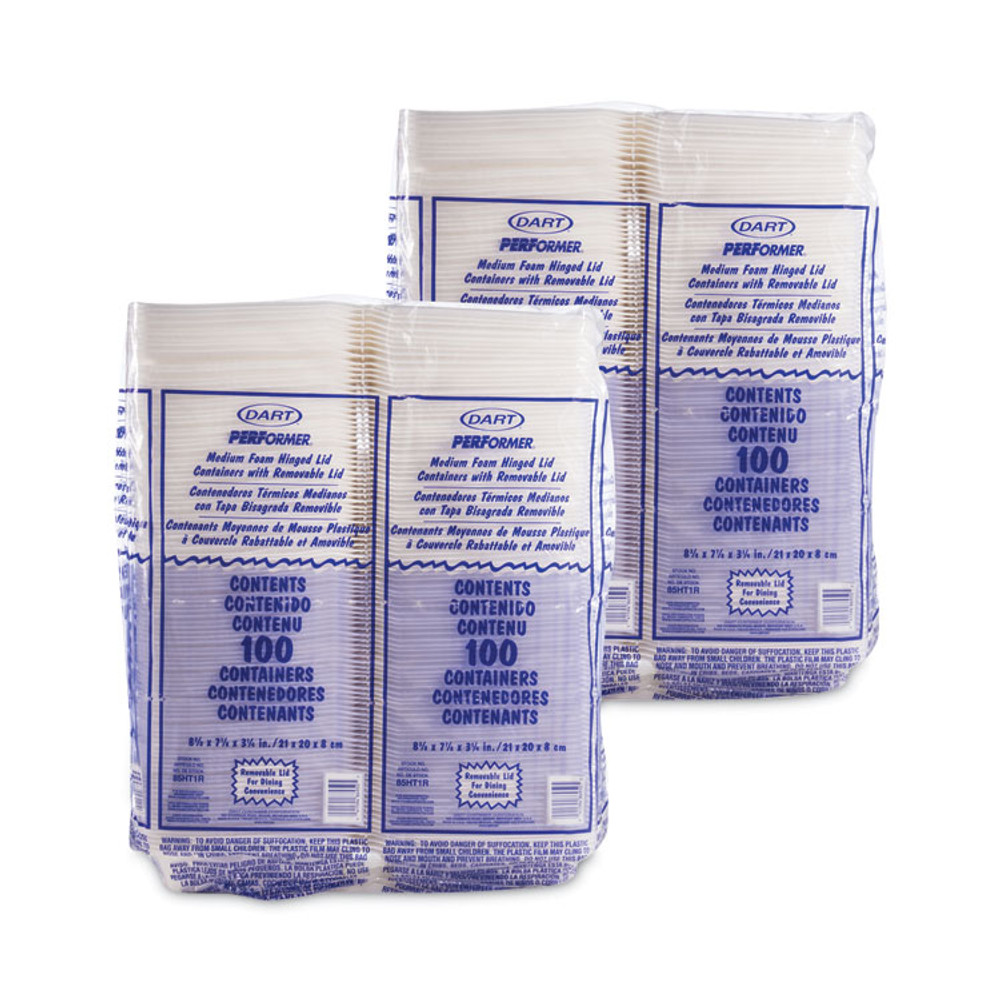 DART 85HT1R Foam Hinged Lid Containers, 8.38 x 7.78 x 3.25, White, 200/Carton