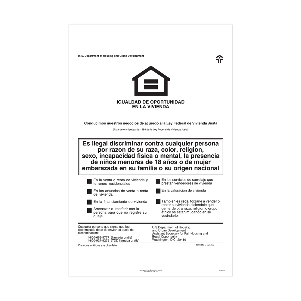 TAX FORMS PRINTING, INC. ComplyRight E8113  Federal Specialty Posters, Federal Fair Housing, Spanish, 11in x 17in