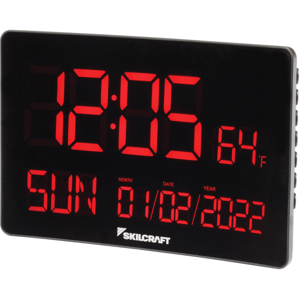NATIONAL INDUSTRIES FOR THE BLIND NSN6988078 SKILCRAFT LED Self-Set Digital Clock, 6inH x 12inW x 1/2inD, Black