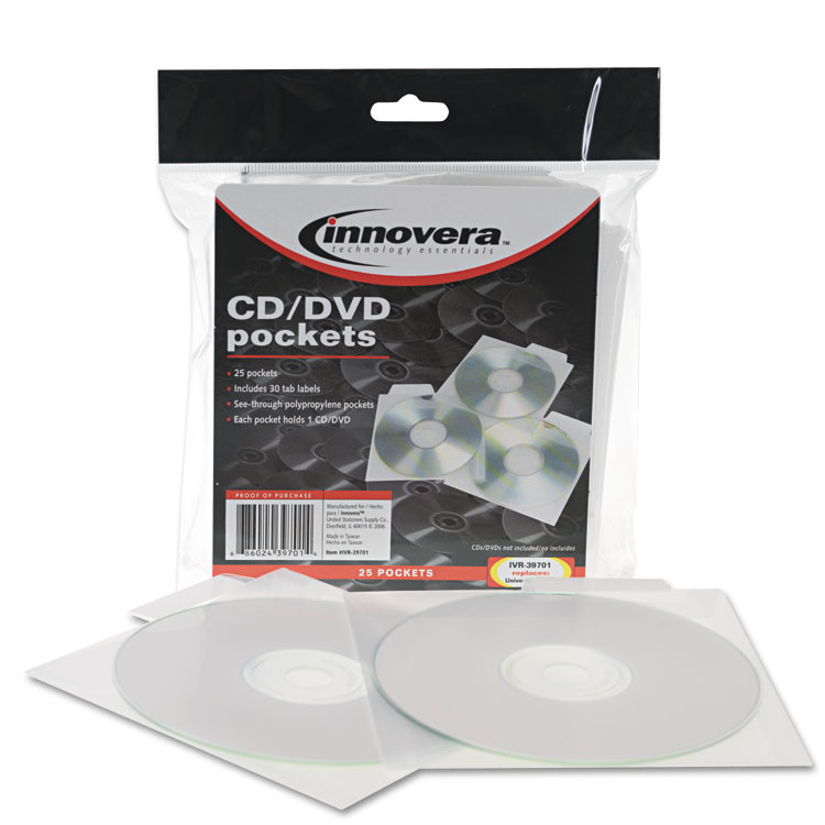 INNOVERA 39701 CD/DVD Pockets, 1 Disc Capacity, Clear, 25/Pack