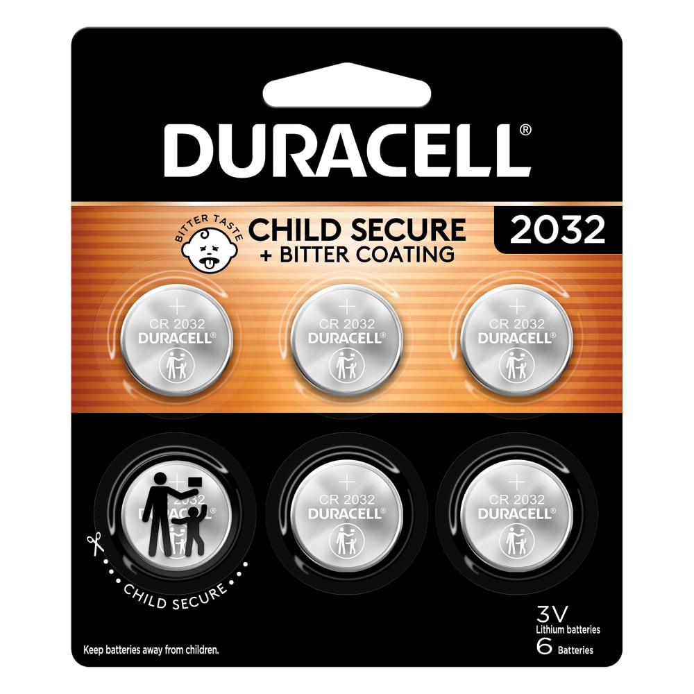 Duracell Lithium Coin Batteries are engineered to provide long-lasting, dependable performance, guaranteed for 10 years in storage, so you can be confident they'll be ready when you need them. Designed with precision for seamless compatibility for your most important devices like the Apple AirTag. Experience unparalleled safety with their unique bitter coating, specially formulated to deter accidental swallowing. From Apple AirTags, key fobs, watches, calculators, remote controls to vital glucose monitors, and even toys these batteries ensure your devices operate powerfully day in and day out, delivering performance in everyday essentials. Duracell remains the trusted choice for millions worldwide and is the #1 trusted battery brand. Unleash the power of Duracell, where reliability meets longevity and safety, providing you with the confidence to conquer every moment with unwavering trusted power.  Recommended for Apple AirTag: The Duracell CR2032 with bitter coating to help discourage swallowing  Bitter Coating Discourages Swallowing: Duracell Lithium Coin batteries are the only flat coin shape Lithium Coin Batteries replacement option with a non-toxic, bitter coating to help discourage swallowing  Guaranteed For 10 Years In Storage: The Duracell 3 Volt Battery holds power up to a decade in storage, so you can be confident your batteries will be ready when you need them most  Child-Secure Coin Cell Packaging: Duracell CR2032 3V Battery Lithium Coin battery packaging nearly impossible to open without scissors  Long-Lasting Batteries Designed For Dependability and Reliable Power: The Duracell 2032 3V Lithium Coin battery powers both everyday and essential home devices, including key fobs, remote controls, glucose monitors, thermometers, watches, toys and many more  Pack of 6 Batteries