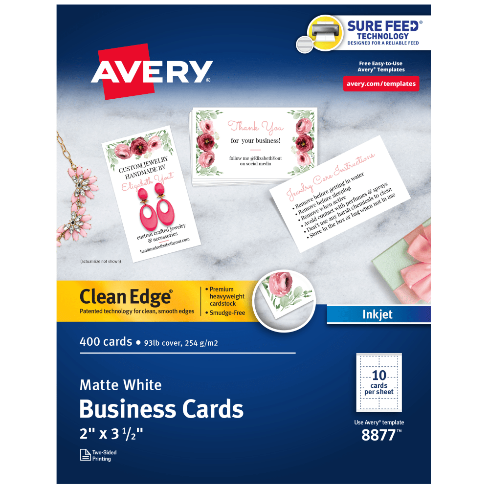 Make a lasting impression on important clients, associates and prospective customers with Avery Clean Edge Business Cards. These customizable business cards are made from quality cardstock with a weight of 93lbs / 254gsm, and offer an impressively substantial look and feel. If you need professional quality business cards, customer loyalty cards, appointment reminder cards or more, these 2in x 3.5in cards are an exceptional way to stand out from the crowd. These business cards have innovative Clean Edge technology for quick and easy separation, giving you the cleanest, smoothest edges of any business card on the market. Proprietary Avery Sure Feed technology helps deliver a more reliable feed through your inkjet printer in order to minimize print misalignments and paper jams. Whether you have your own design or you are creating one from scratch, take your brand or business to the next level with Avery Design & Print Online, which makes it easy to create and print double-sided customized cards from your own home or business. The free browser-based software has everything you need to design business thank you cards, personalized gift tags, reward cards, price tags and more.  Easily customize your own business cards, loyalty cards for business, RSVP cards and more using Avery Design & Print Online and the hundreds of available templates and designs.  Enjoy premium quality custom business cards featuring Clean Edge technology that allows cards to be snapped apart easily, leaving behind clean, smooth edges.  Each sheet of business card paper features proprietary Avery Sure Feed technology for a more reliable feed through your printer to help reduce misalignments and jams.  Print beautiful, double-sided designs on printable cardstock paper with a weight of 93 lbs / 254 gsm.  Perfect for DIY business cards, rewards cards, personalized gift tags, appointment cards and more.  Printable cardstock sheets are optimized for inkjet printers.  Item includes 40 printable sheets with a total of 400 blank 2in x 3.5in cards.  Forest Stewardship Council (FSC) certified - made from wood/paper that comes from forests managed to rigorous environmental and social standards, supported by the worlds leading conservation organizations.  Leadership forestry - from forests or sourcing programs that meet specific environmental standards, helping you support practices that better protect forests and the environment.