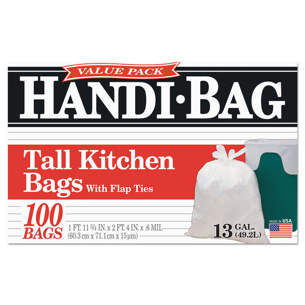 WEBSTER INDUSTRIES Handi-Bag® HAB6FK100CT Super Value Pack Can Liners, 13 gal, 0.6 mil, 23.75" x 28", White, 100 Bags/Box, 6 Boxes/Carton