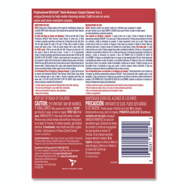 RECKITT BENCKISER Professional RESOLVE® 97402EA Spot and Stain Carpet Cleaner, 32 oz Spray Bottle