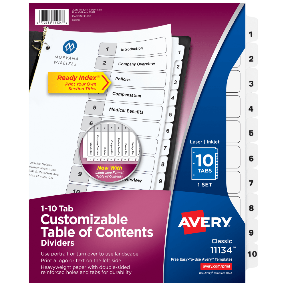 AVERY PRODUCTS CORPORATION 11134 Avery Ready Index 1-10 Tab With Customizable Table Of Contents Dividers, Letter Size, 10 Tab, White, 1 Set