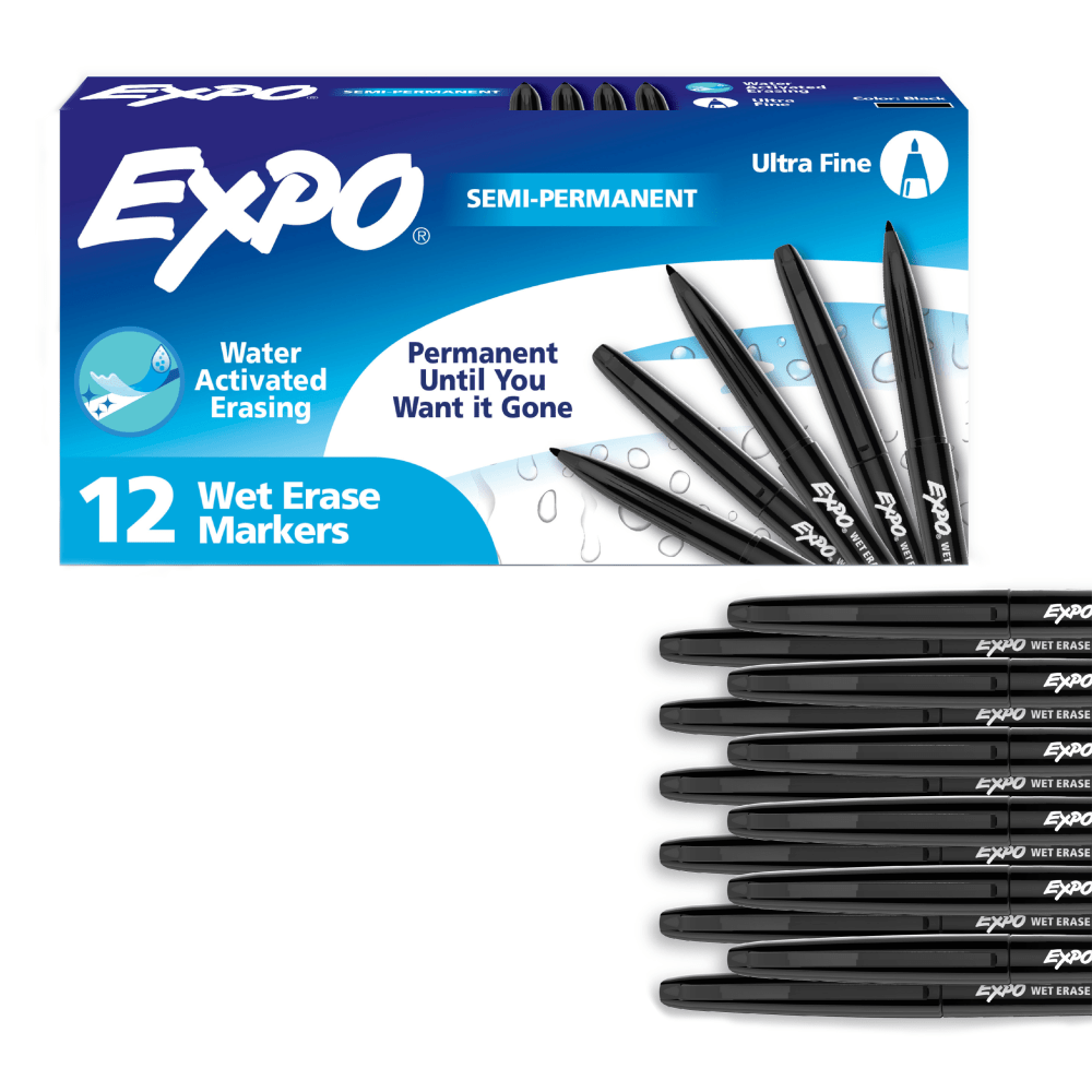 Label, plan, and organize with EXPO Wet Erase Markers. Depend on these EXPO Markers for writing or drawing on whiteboards, hard plastic, laminated sheets, and other nonporous surfaces. The wet erase markers feature ink that easily wipes off with a damp cloth and an ultra fine tip for detailed marks.  EXPO Wet Erase markers that easily wipe off with a damp cloth  For use with whiteboards, hard plastic, laminated sheets, and other nonporous surfaces  Works great on calendar dry erase boards, plastic bins and dry food storage containers  Ultra Fine tip for detailed lines that stand out  Comes in a box of 12 black markers.  Odorless, AP-certified nontoxic ink.  Water Activated Erasing  ACMI Certified AP Nontoxic. For detailed information see www.acmiart.org.  Conforms to ASTM D4236 standards. For detailed information see www.astm.org.  Less harsh chemicals - made with fewer harsh chemicals, or safer chemicals than typical alternatives, helping  reduce your use of and exposure to substances that may be more harmful to your health and the environment.