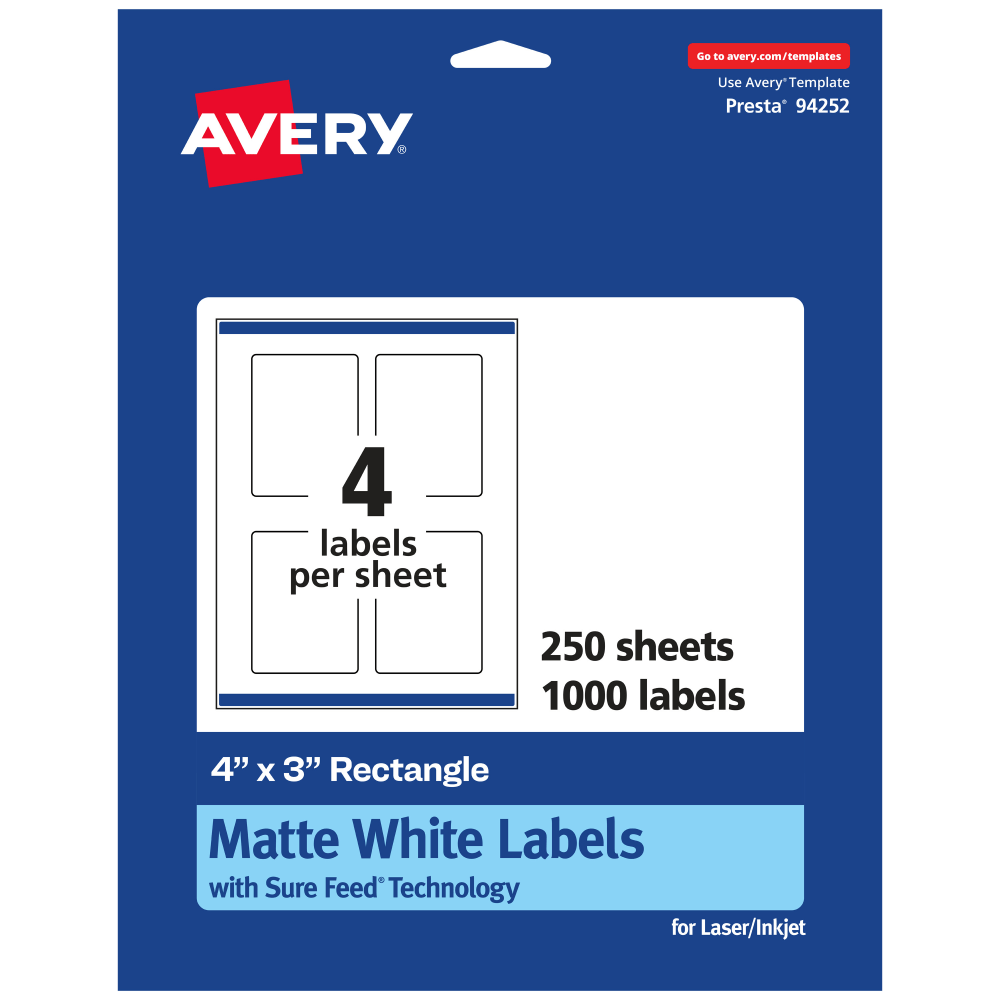 AVERY PRODUCTS CORPORATION 94252-WMP250 Avery Permanent Labels With Sure Feed, 94252-WMP250, Rectangle, 4in x 3in, White, Pack Of 1,000