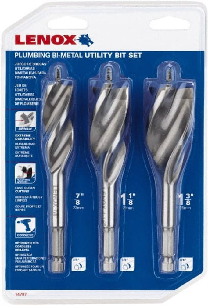 Lenox 14787300PS Drill Bit Set: Auger Drill Bits, 3 Pc, 0.875" to 1.375" Drill Bit Size, Bi-Metal