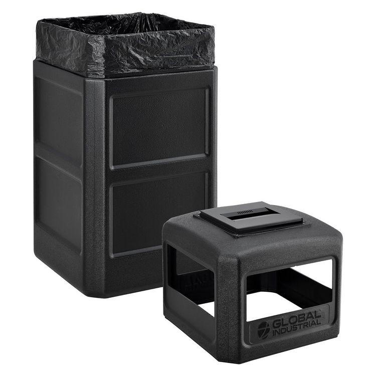 GLOBAL INDUSTRIAL 641540BK Square Plastic Waste Receptacle, Ashtray Lid with Open Sides, 42 gal, Black