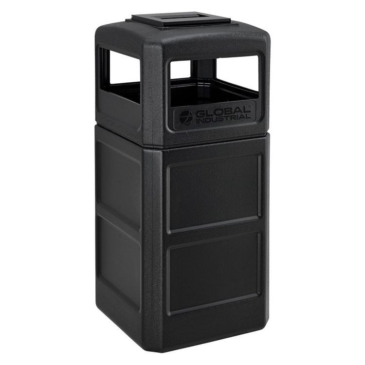 GLOBAL INDUSTRIAL 641540BK Square Plastic Waste Receptacle, Ashtray Lid with Open Sides, 42 gal, Black