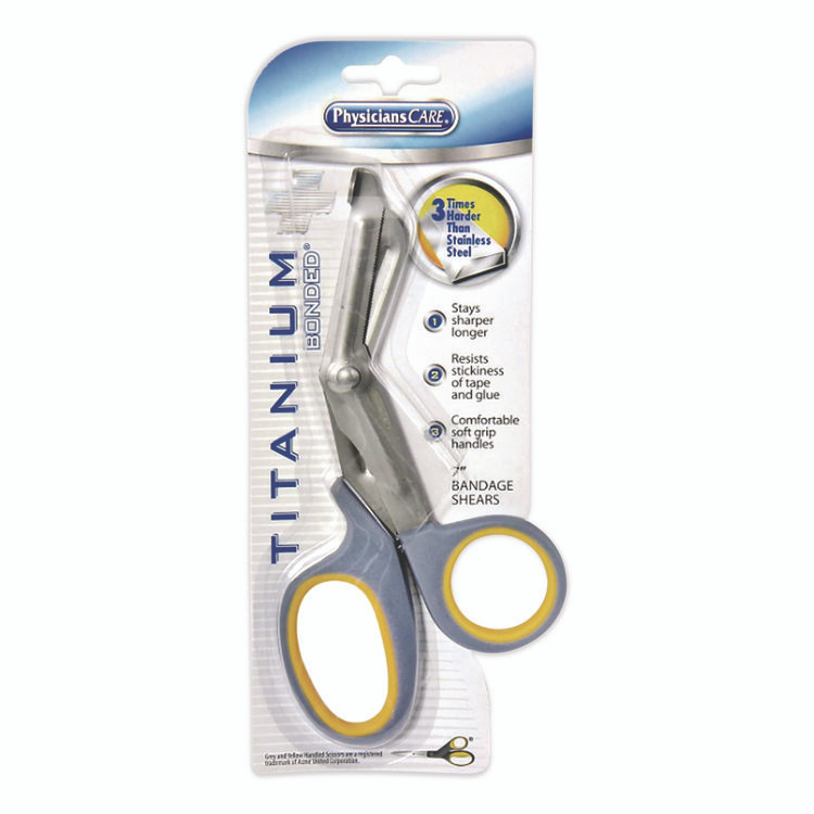 FIRST AID ONLY, INC. 90292 Titanium-Bonded Angled Medical Shears, 7" Long, 3" Cut Length, Crane-Style Gray/Yellow Handle