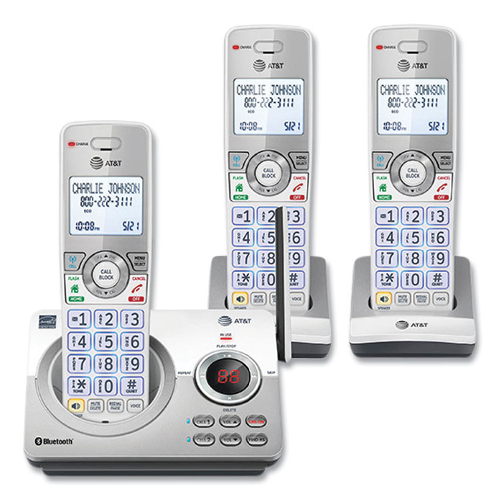 VTECH COMMUNICATIONS AT&T® DL72310 Connect to Cell DL72310 Cordless Telephone, Base and 2 Additional Handsets, White/Silver