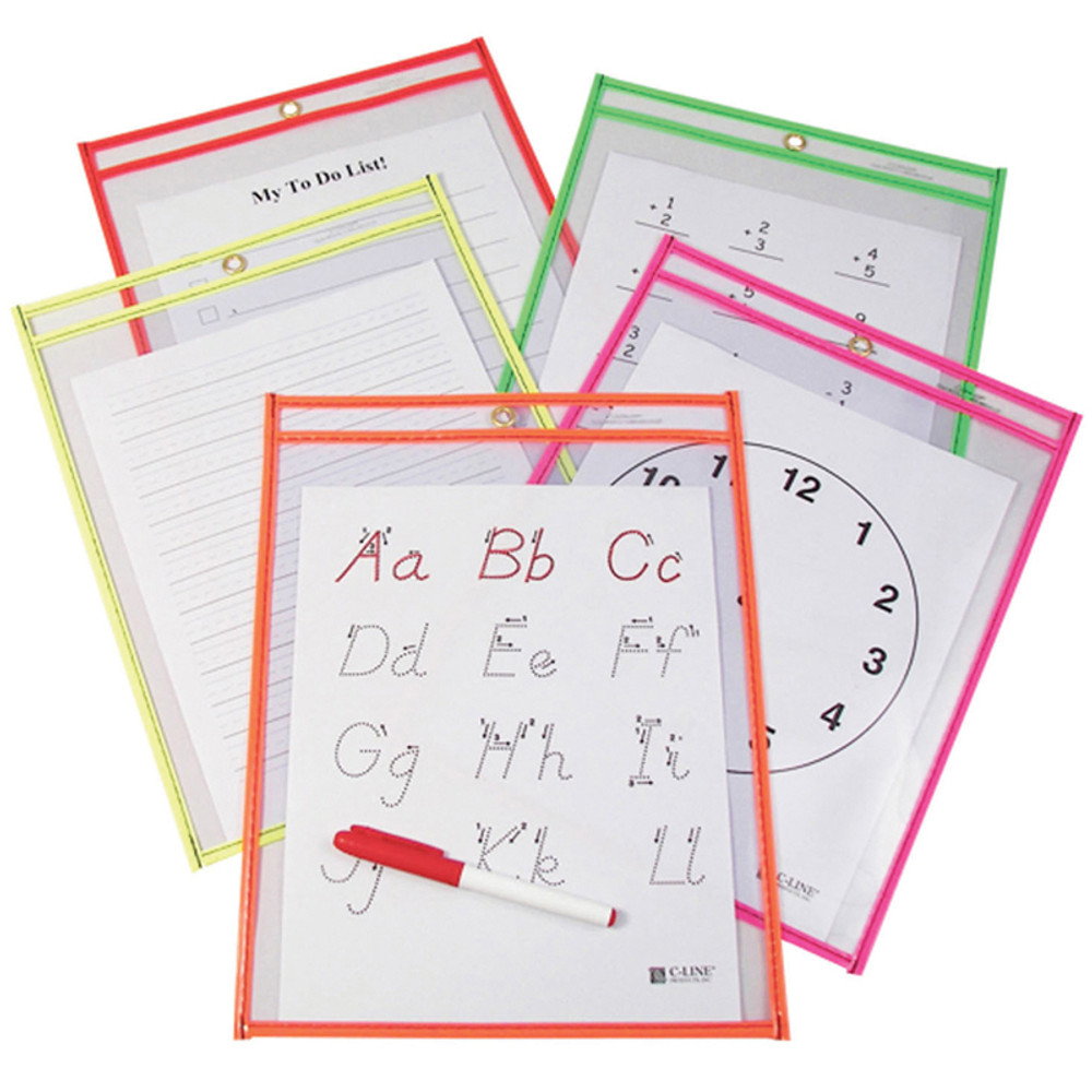 C-LINE PRODUCTS INC C-Line® Reusable Dry Erase Pockets, Neon Colors, 9 x 12, Pack of 10