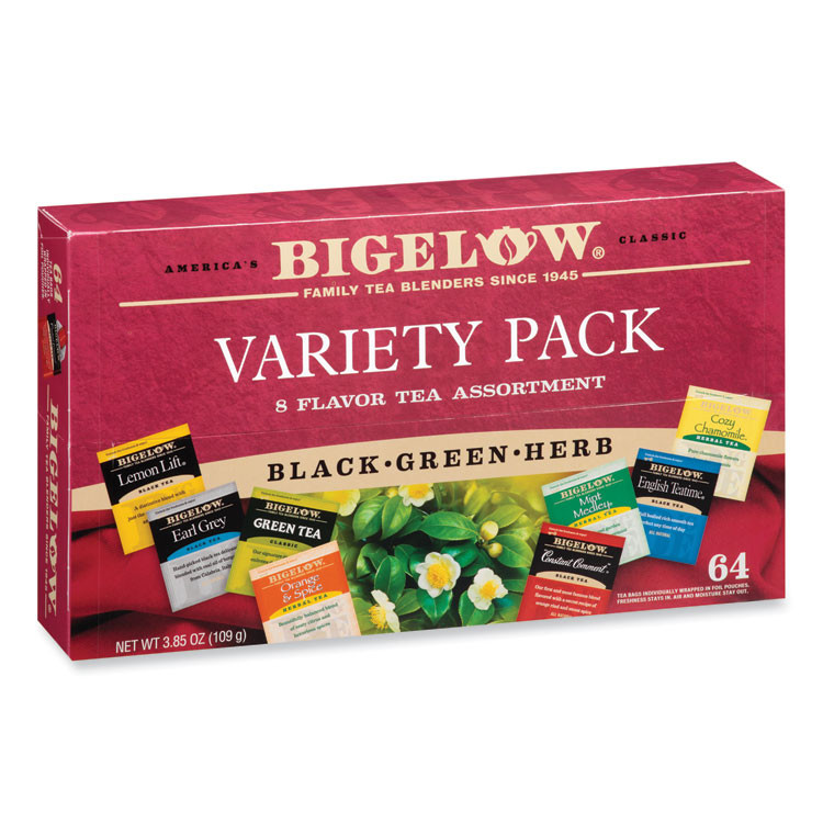 KEURIG DR PEPPER Bigelow® RCB10568 Variety Pack Assorted Tea Bags, Individually Wrapped, 64 Tea Bags/Box