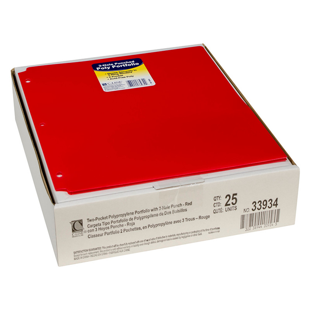 C-LINE PRODUCTS INC C-Line® Two-Pocket Heavyweight Poly Portfolio Folder with Three-Hole Punch, Red, Pack of 25