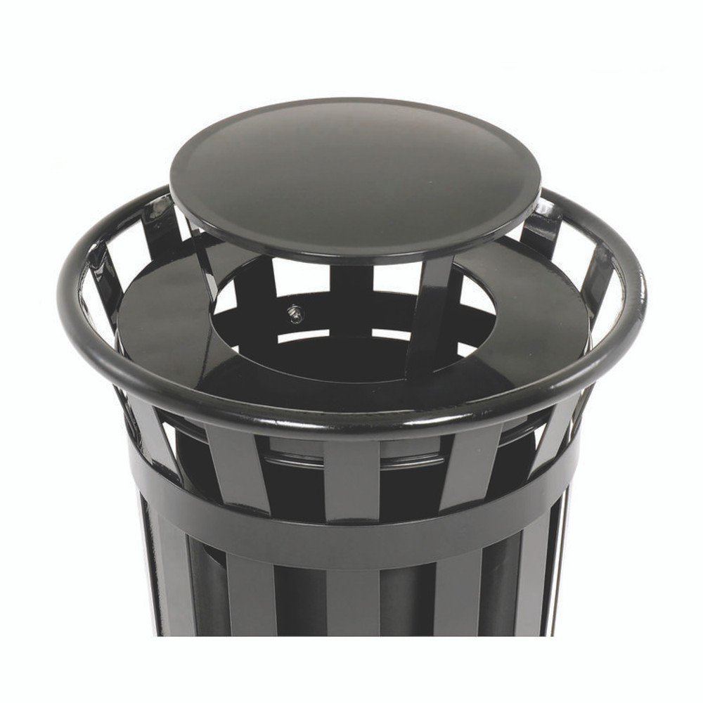 GLOBAL INDUSTRIAL 260803BK Outdoor Slatted Steel Trash Can, Rain Bonnet Lid, 24 gal, Black