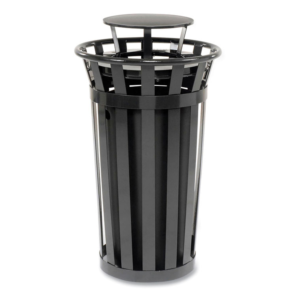 GLOBAL INDUSTRIAL 260803BK Outdoor Slatted Steel Trash Can, Rain Bonnet Lid, 24 gal, Black
