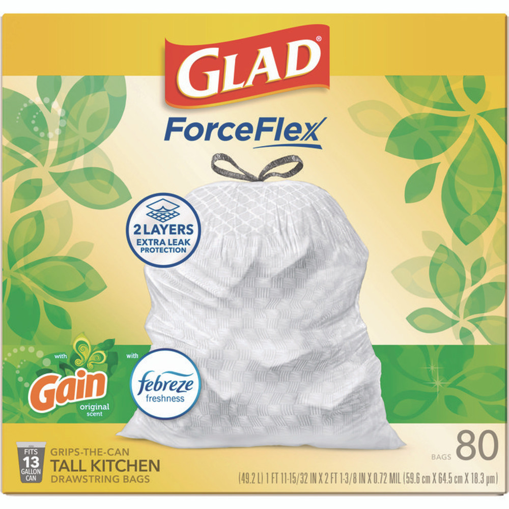 CLOROX SALES CO. Glad® 78900 OdorShield Tall Kitchen Drawstring Bag Value Pack, 13 gal, Gain Original Scent, 24" x 27.38", White, 80 Bags/Box, 3 Boxes/CT